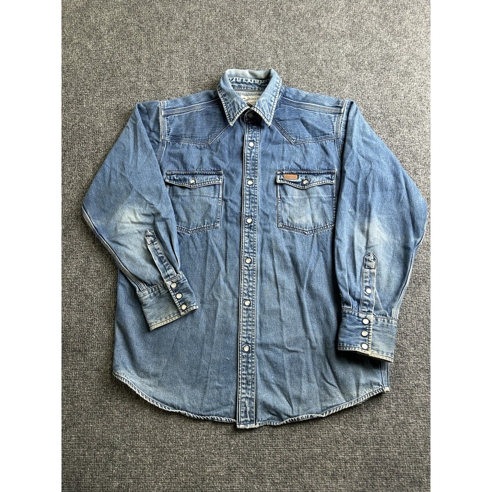 Men's Carhartt Blue Denim Western Pearl Snap Shirt Made in Bangladesh, Size L